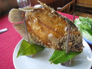 Whole fried fish- Mekong Delta area..looks wild but really yummy in a fresh spring roll kind of affair