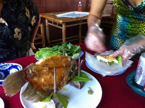 Assembling the fish spring roll--thin, thin rice paper, lettuce, cucumber, herbs (lots o' mint) and fish then roll tightly